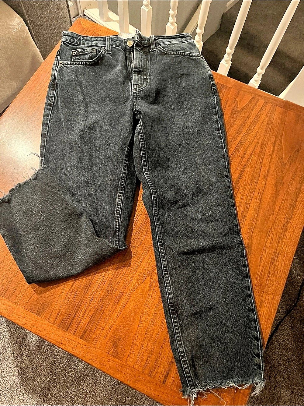 Topshop Straight Leg Raw Hem Jeans Black Waist 4